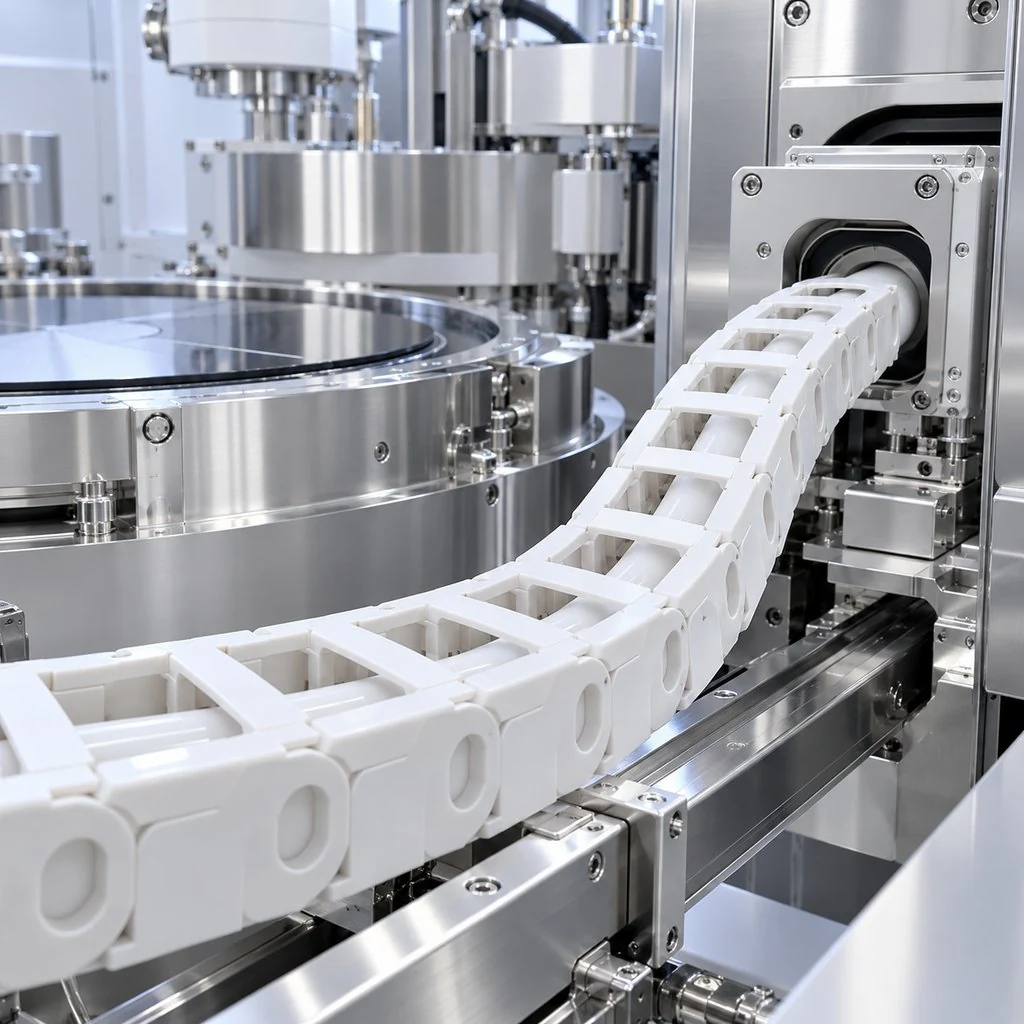 A motion cable in a smooth white jacket routed through a cable carrier inside semiconductor manufacturing equipment, cleanroom lighting and stainless surfaces around it