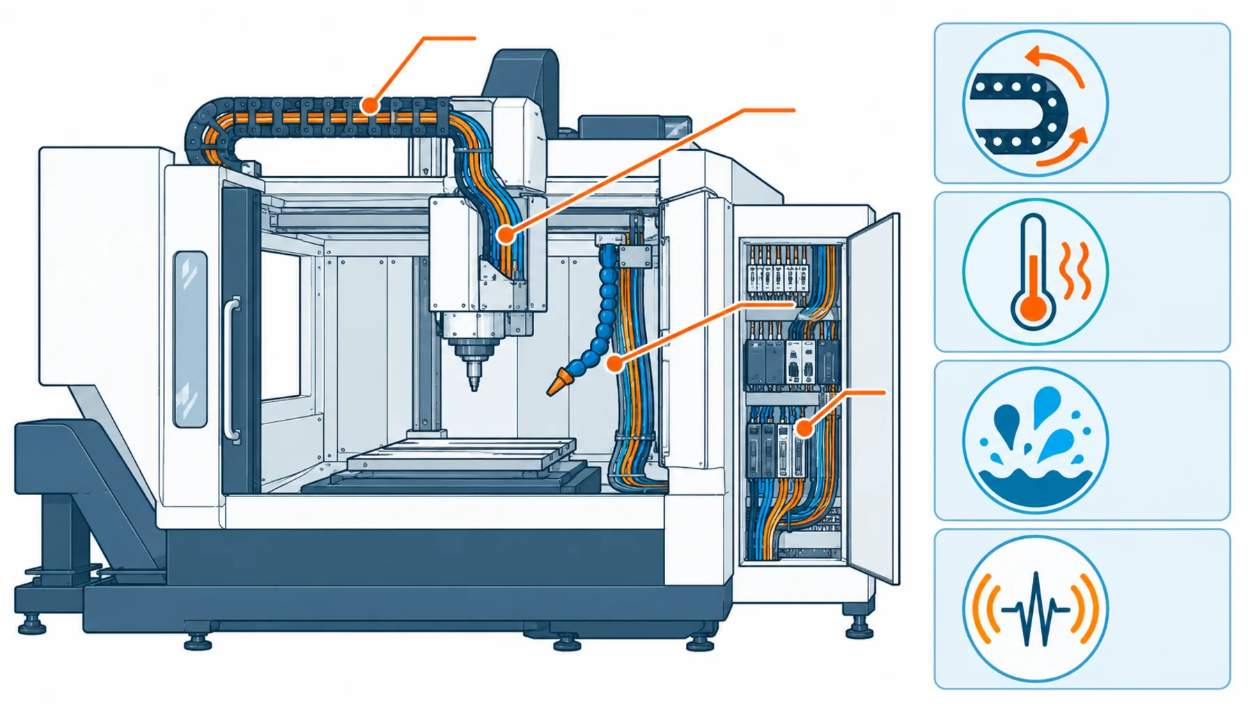 Flat infographic of a CNC machine outline with callouts for cable chain, spindle harness, coolant-side cables and enclosure wiring beside a duty icon panel