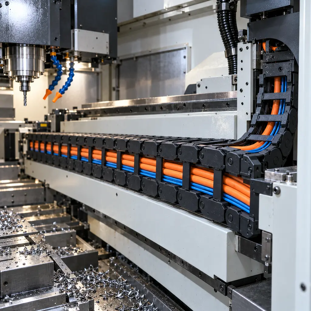 The side panel of a CNC machining center open to show the cable chain running along the X axis with servo power and encoder cables routed beside coolant lines