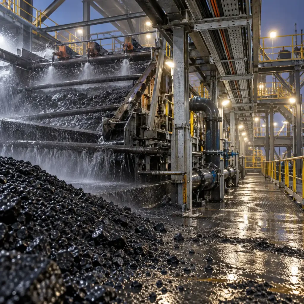 A coal preparation plant walkway with a vibrating screen house, pipes and slurry lines, cable in a galvanised tray along the structure sprayed with water, wet floors and coal fines in the foreground, industrial lighting, no readable text, no labels
