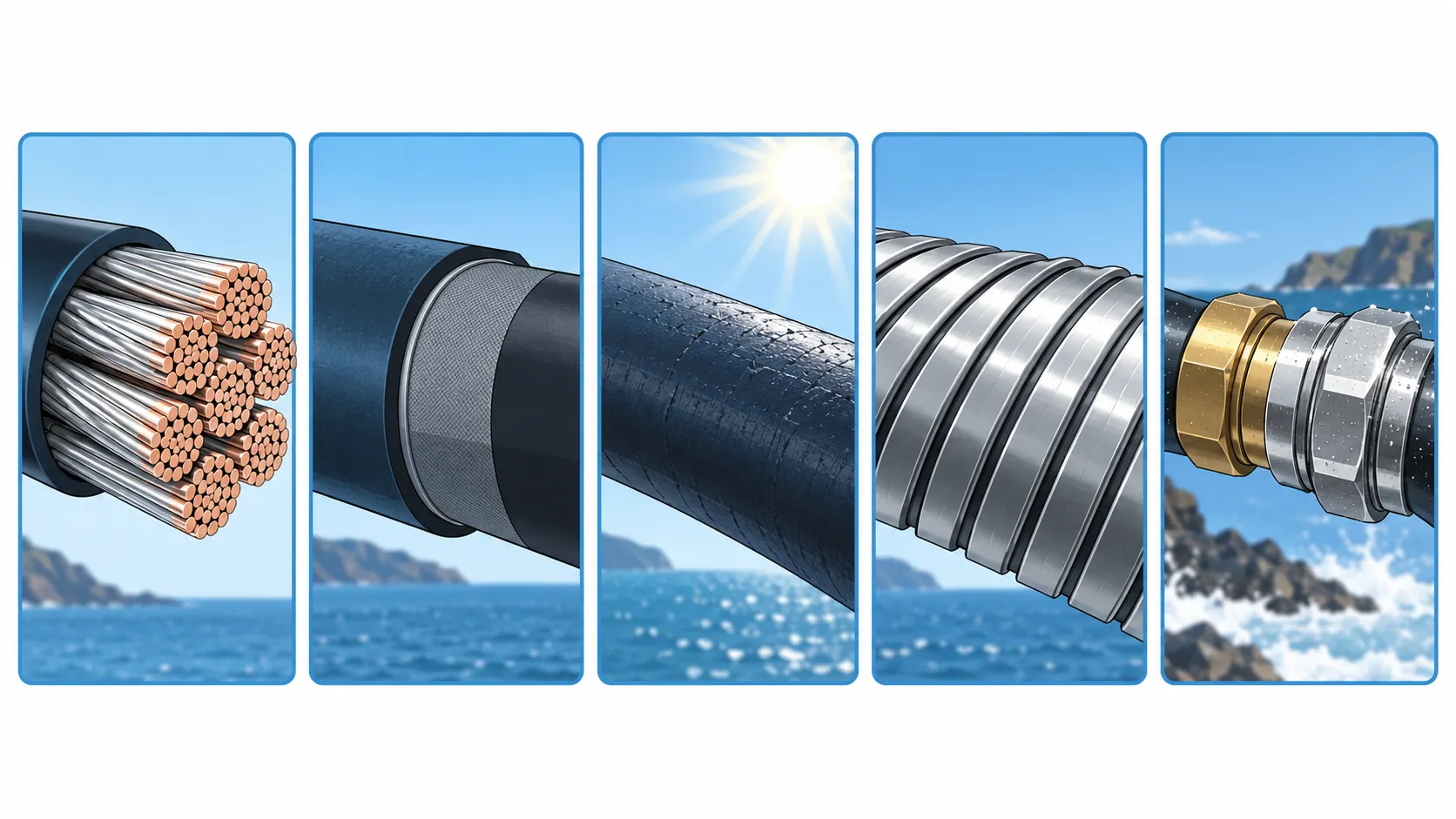 Flat infographic of coastal cable materials: tinned conductor strands, a barrier oversheath, a UV-stable compound, armour with plating and a gland metal choice