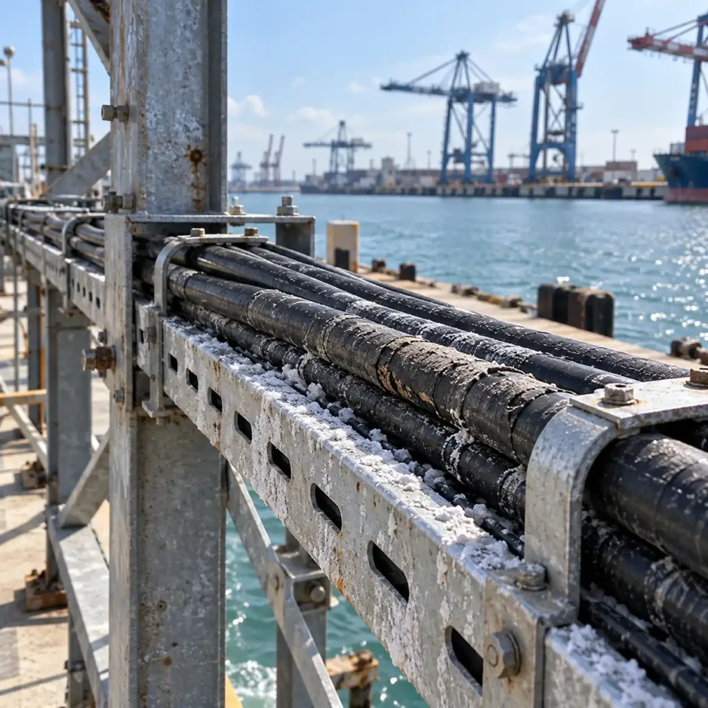 A cable run on steel supports beside a salt-water harbour with white salt deposits on the tray and a weathering sheath, harbour cranes blurred behind, no readable text, no labels
