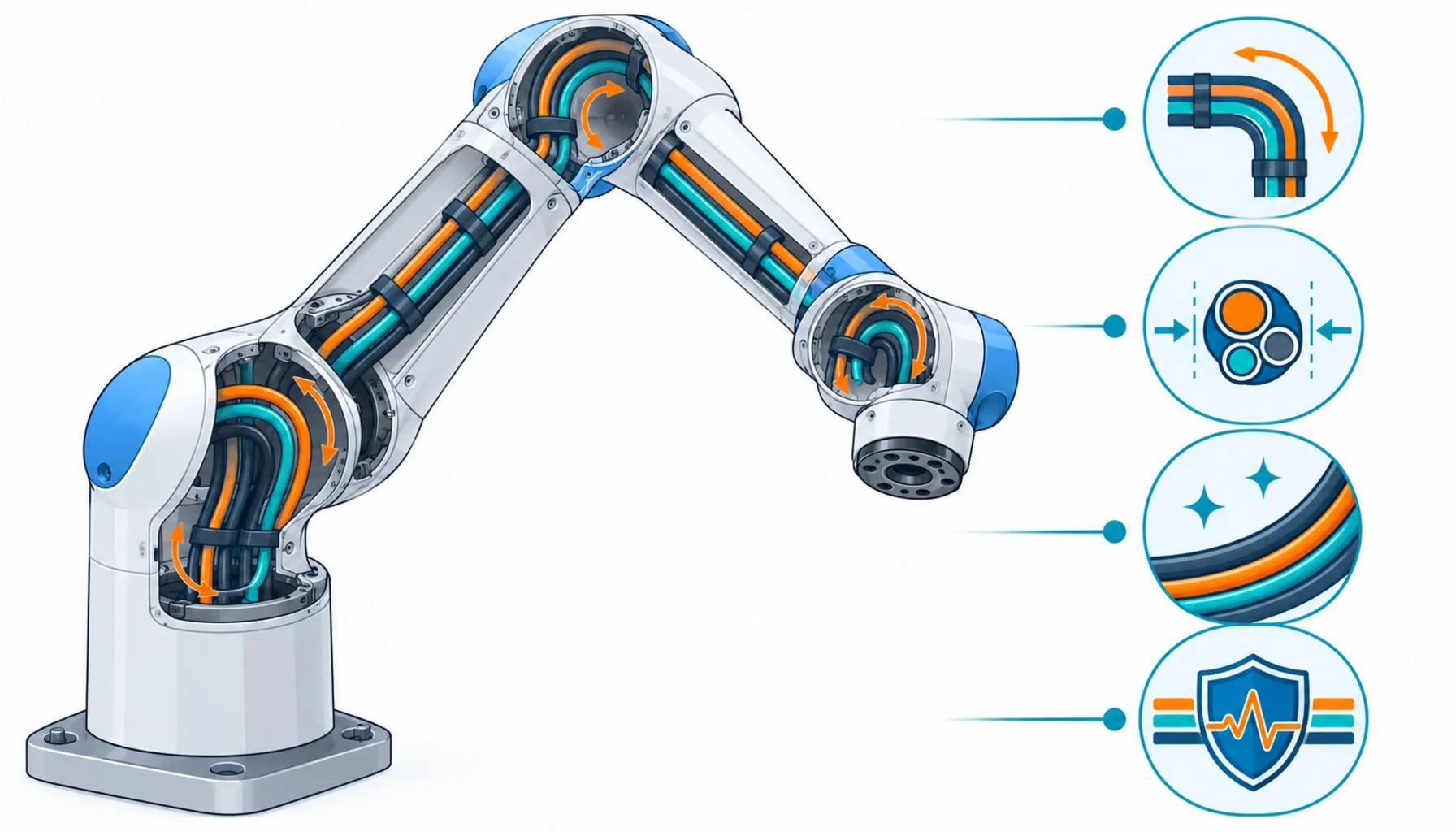 Flat infographic of a cobot arm cutaway showing internal cable routing through joint channels beside a compact design checklist