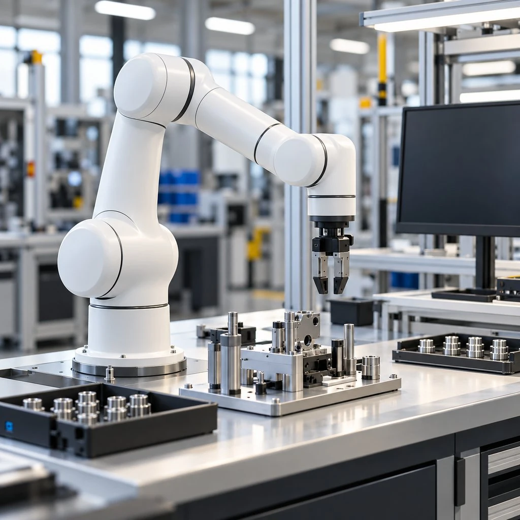 A collaborative robot arm on a workbench beside an operator station, its smooth enclosed arm showing no external dress pack with internal routed cables implied at the joints