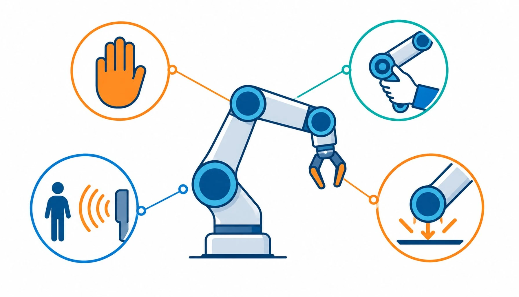 Flat infographic of four collaborative robot operation modes shown as a robot silhouette with stop, hand-guide, distance-sensor and contact icons