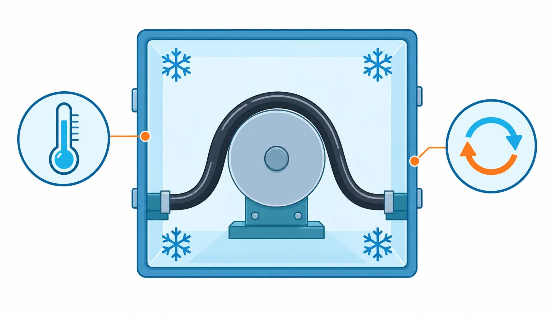 Flat infographic of a cable bending over a mandrel inside a cold chamber outline, with thermometer and cycle counter icons