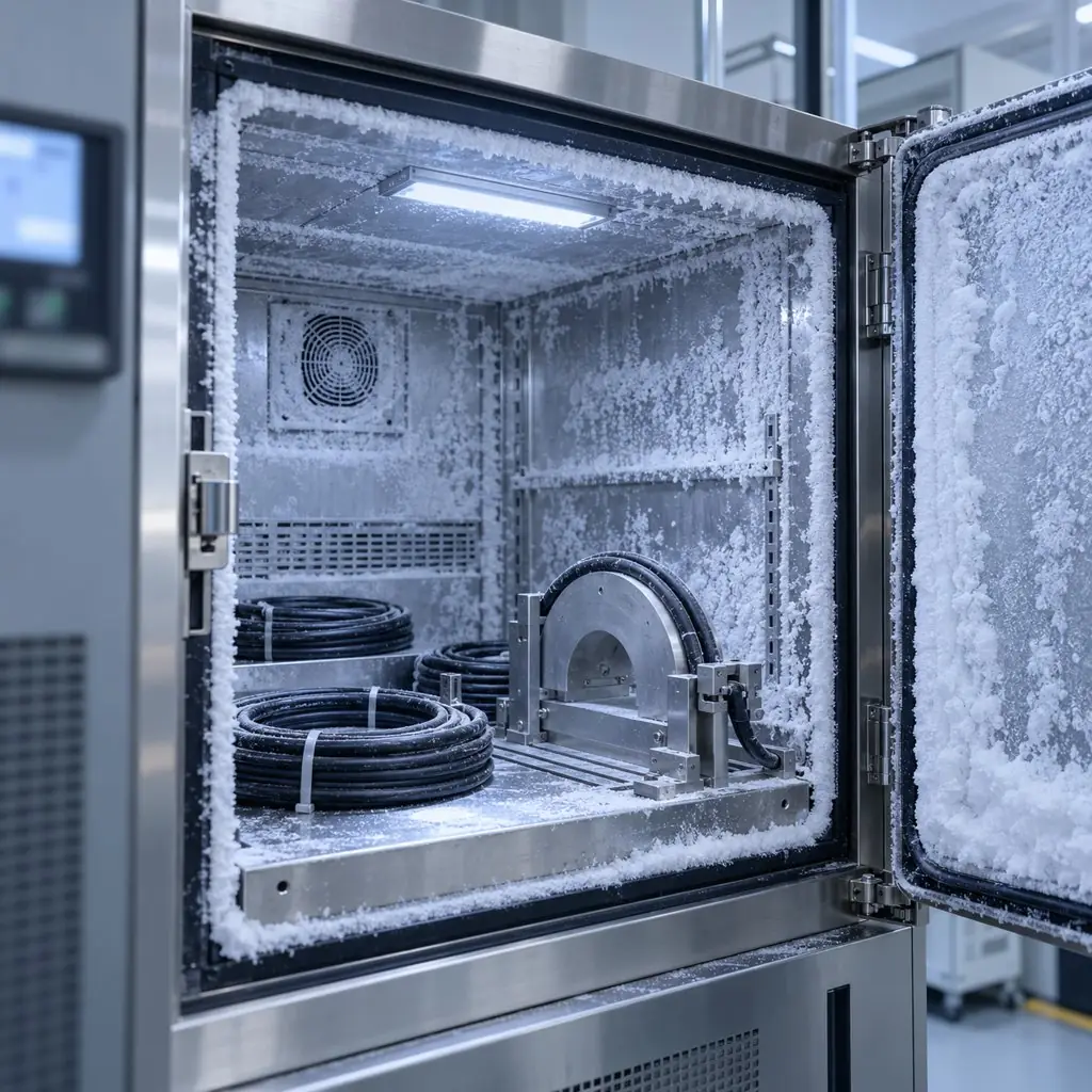 A laboratory cold chamber with its door open showing cable samples and test fixtures inside a frosty interior