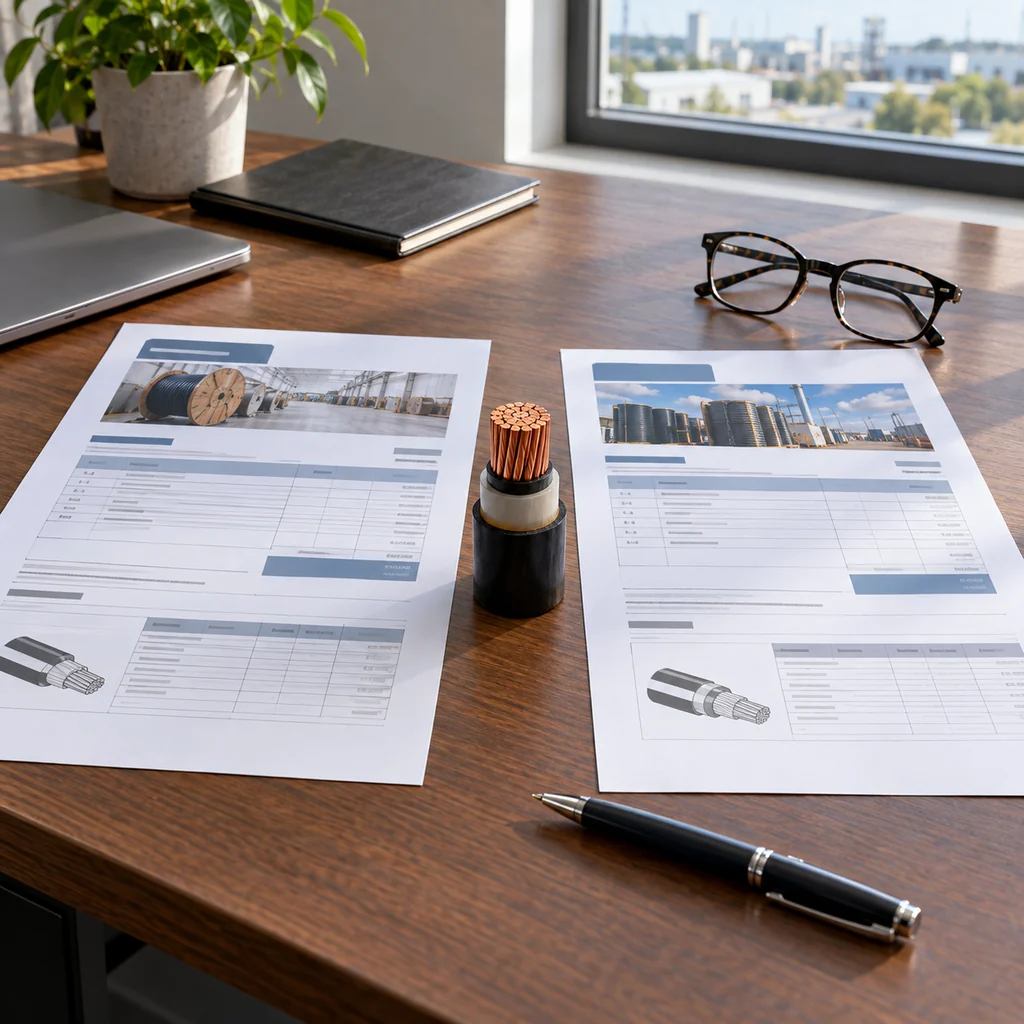 Two printed cable quotations side by side on a desk with a cable cross-section sample between them