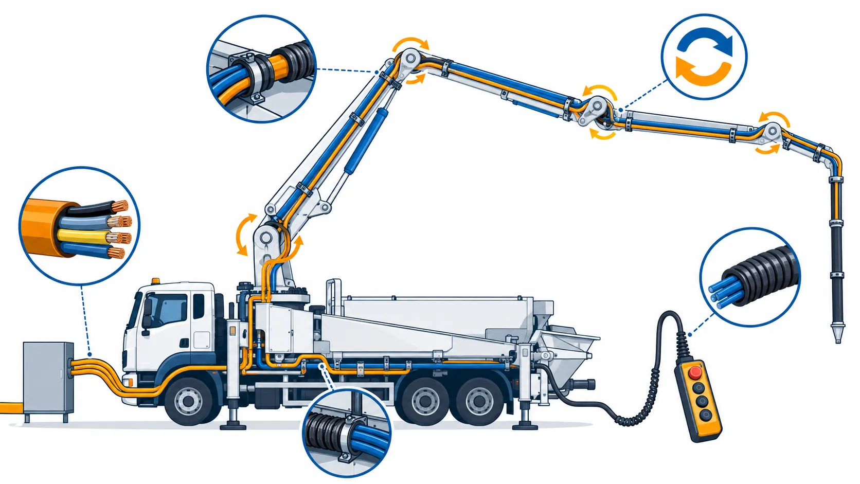 Flat infographic of a concrete pump cable duty map: the truck with main supply feed, the placing boom with torsion-marked cable path at pivots, the remote control pendant with screened feed, and the chassis circuits, each position labelled by duty