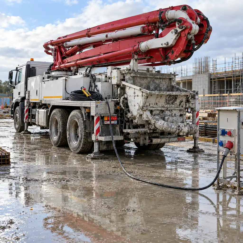 A truck-mounted concrete pump with the placing boom folded and the remote control pendant cable coiled on the deck, the main supply cable running to a site board, wet ground from concrete washing, daylight, no readable text, no labels