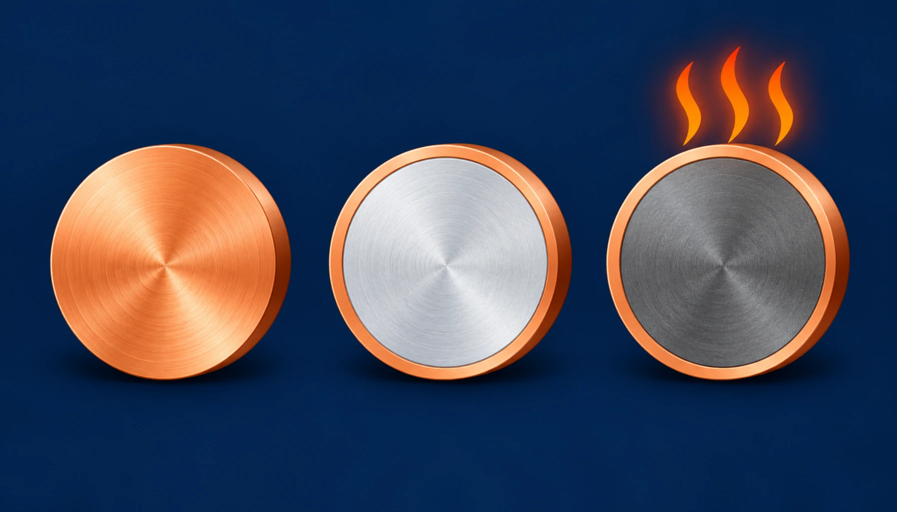Flat infographic comparing three conductor cross-sections from solid copper core to thin copper skin over aluminum and steel