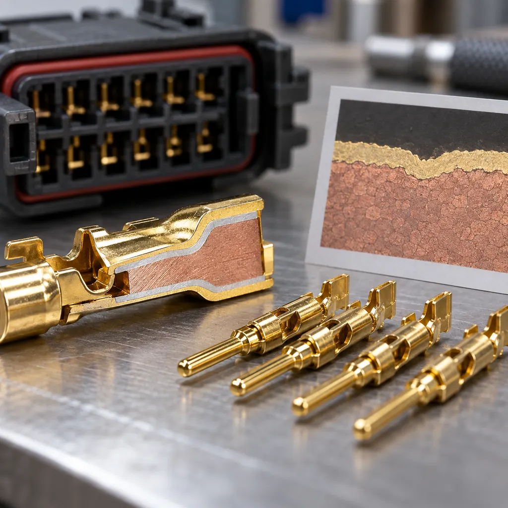 A magnified view of connector contacts on a bench, a cut-away contact showing base metal and a bright plating layer, plated pins in a row beside a sample card, an industrial connector housing blurred behind, clean lighting, no readable text, no labels