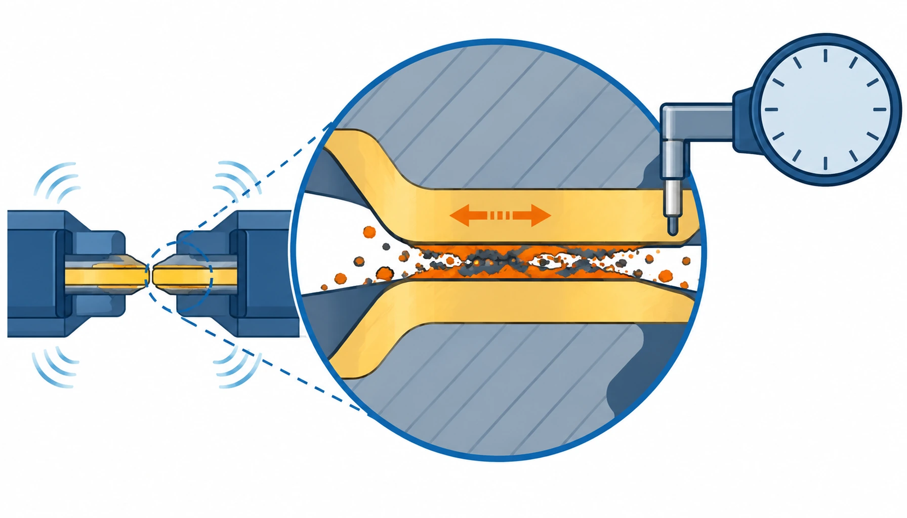 Flat infographic comparing five connector contact material and plating combinations for vibration duty: hard gold over nickel, gold flash, tin, silver, and a composite gold over nickel underplate