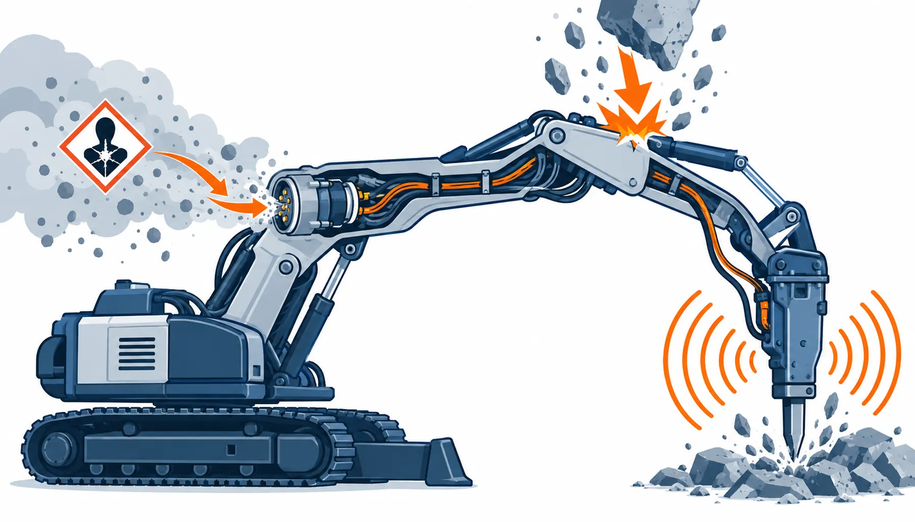 Flat infographic of the three site hazards acting on a demolition robot cable: alkaline concrete dust entering a connector shell, falling debris impact on the boom and continuous breaker vibration at the termination