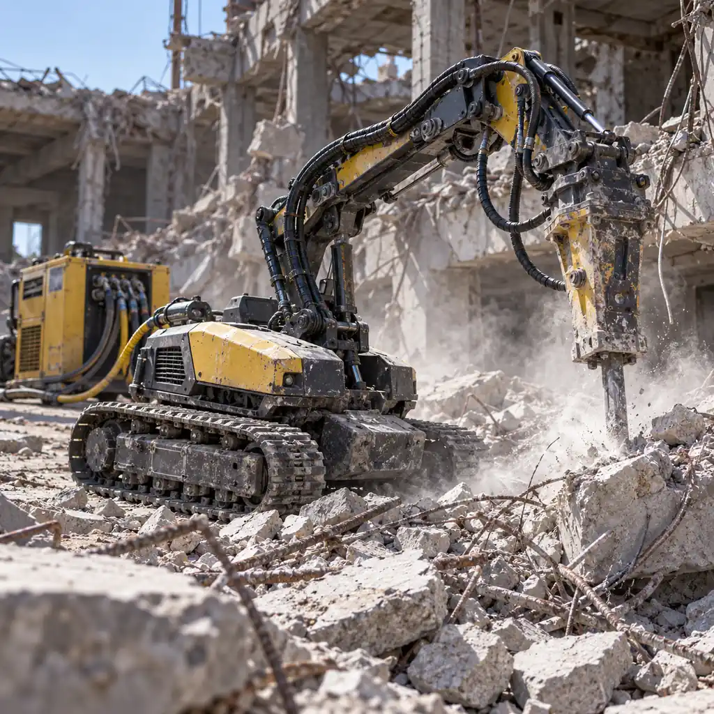 Photorealistic scene: a tracked demolition robot working among concrete rubble, its cable harness running along the boom toward a hydraulic power pack, dust in the air, broken slab and reinforcement bar around it, harsh site daylight, no readable text, no labels