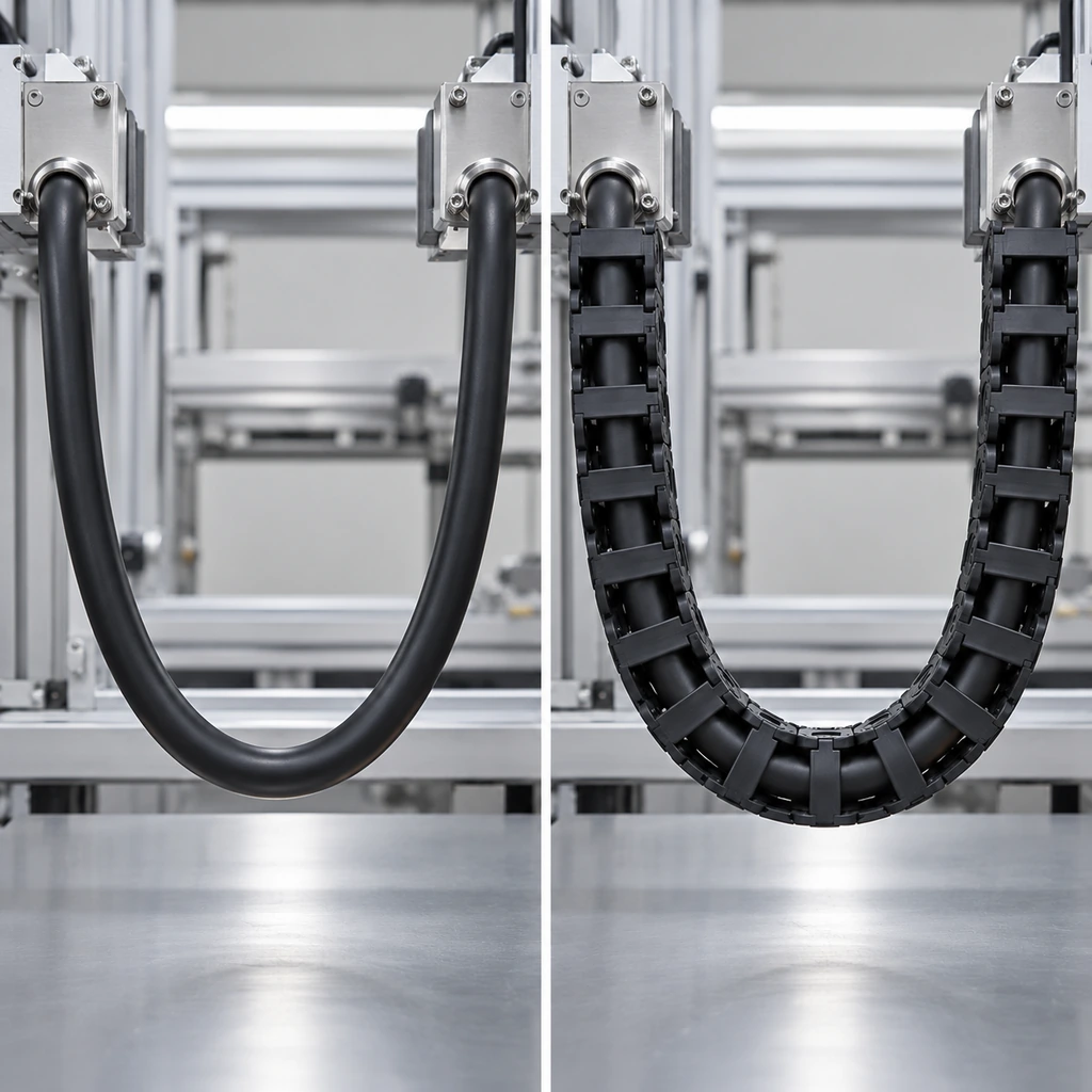 A continuous flex cable looping freely between two fixtures on the left and a drag chain cable running inside an energy chain on the right