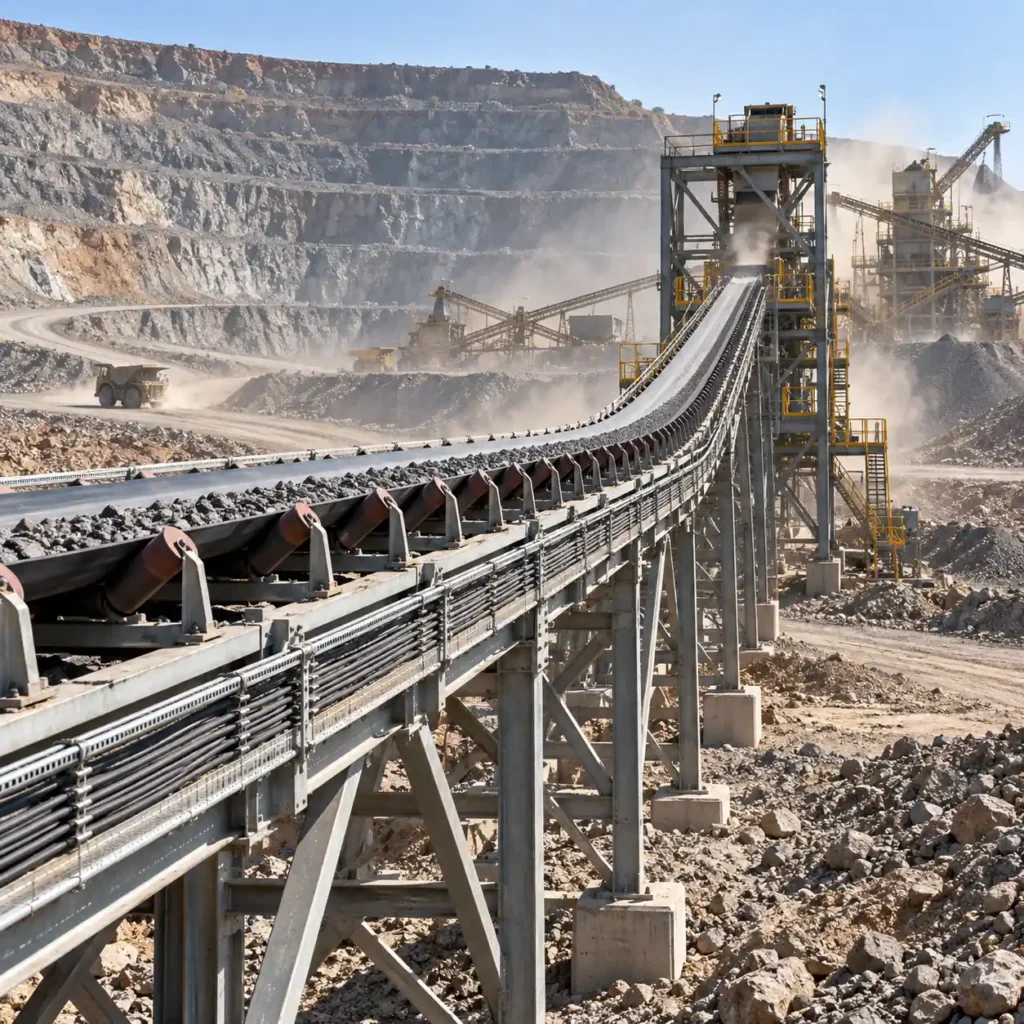 A long conveyor belt on a trestle with cable running in trays along the structure toward a transfer tower, crushing plant silhouette beyond, open-pit bench in the background, hard daylight, no readable text, no labels