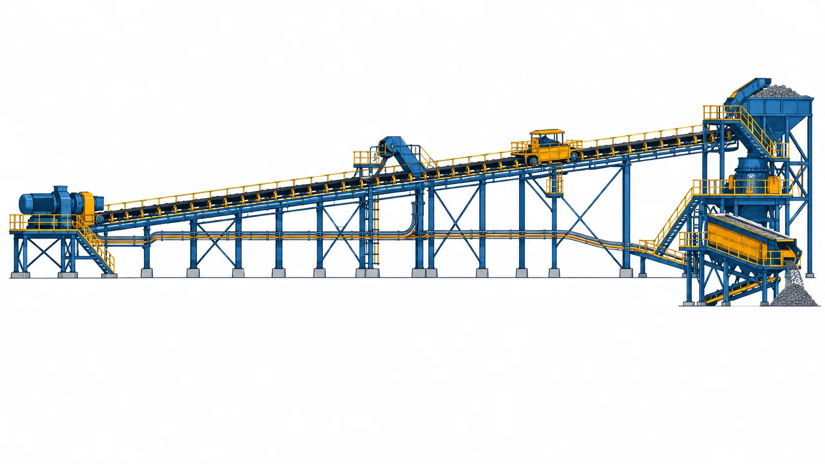 Flat infographic of a conveyor line: a drive station at one end, a long trestle run with cable in trays along the structure, transfer points and a tripper along the way, and a crushing and screening plant at the far end, with the four electrical locations marked