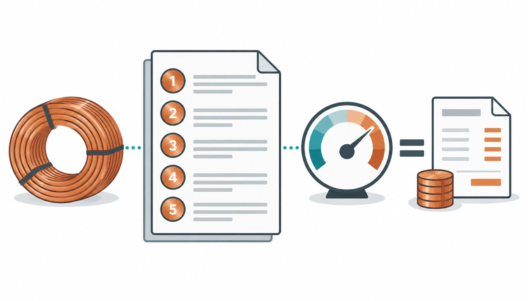 Flat infographic of a contract document with five clause icons and a copper coil settled by a benchmark gauge