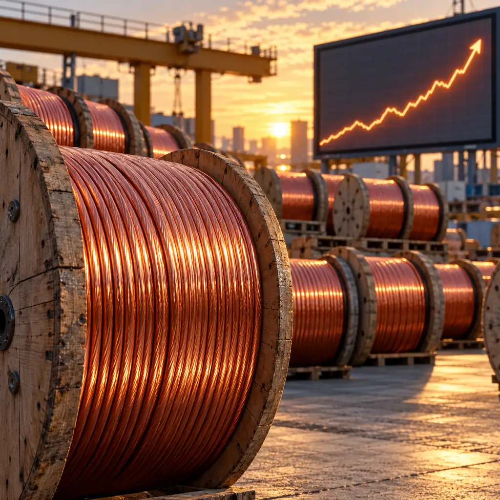 Copper cable drums in a factory yard with a stock chart of copper prices rising on a screen in the foreground