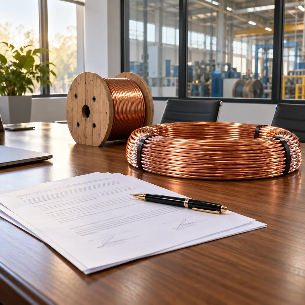 Signed contract pages beside a coil of copper cable and a wooden drum in a factory meeting room