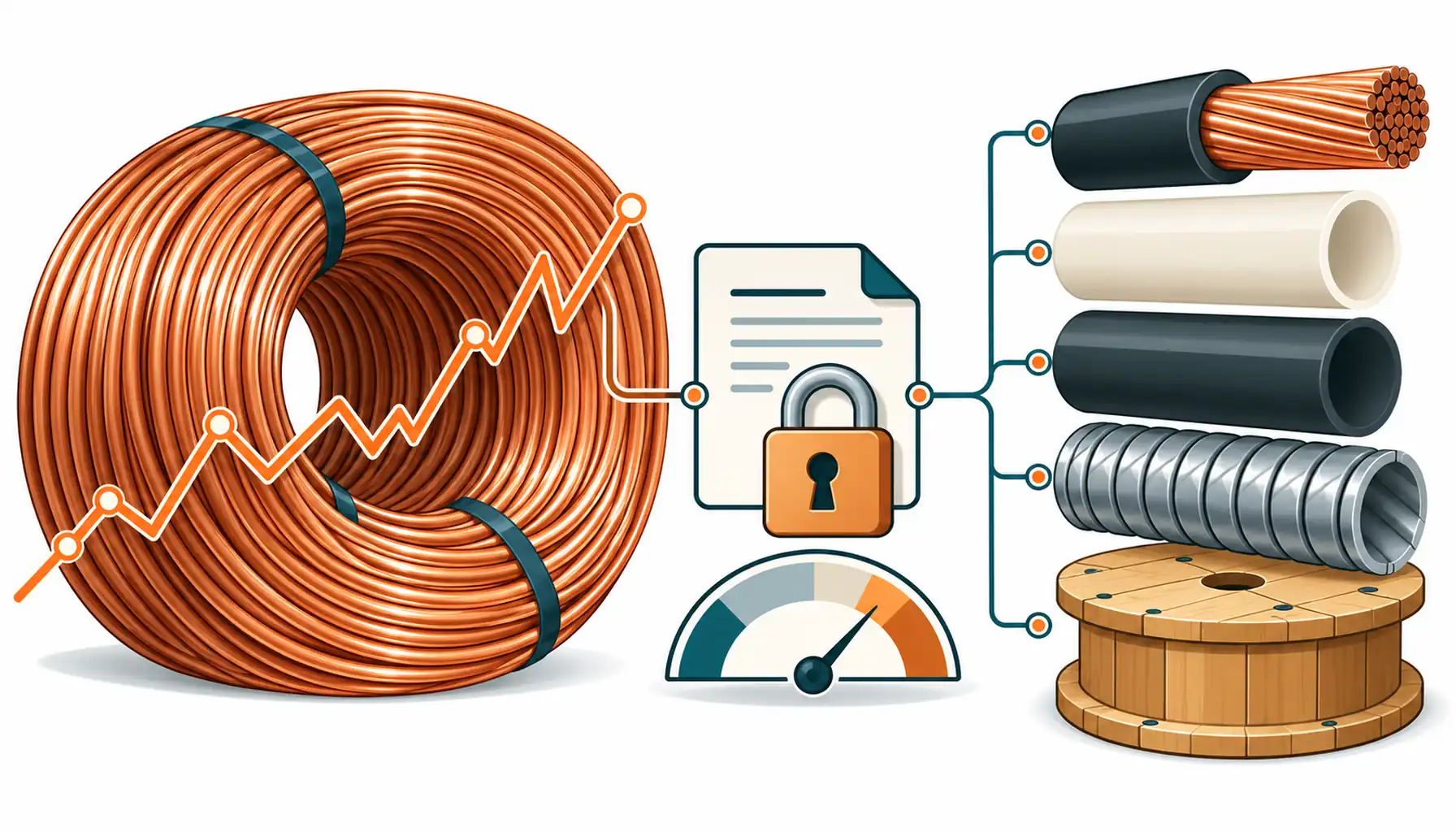 Flat infographic of a cable price stack dominated by copper coils with a contract mechanism locking the metal price