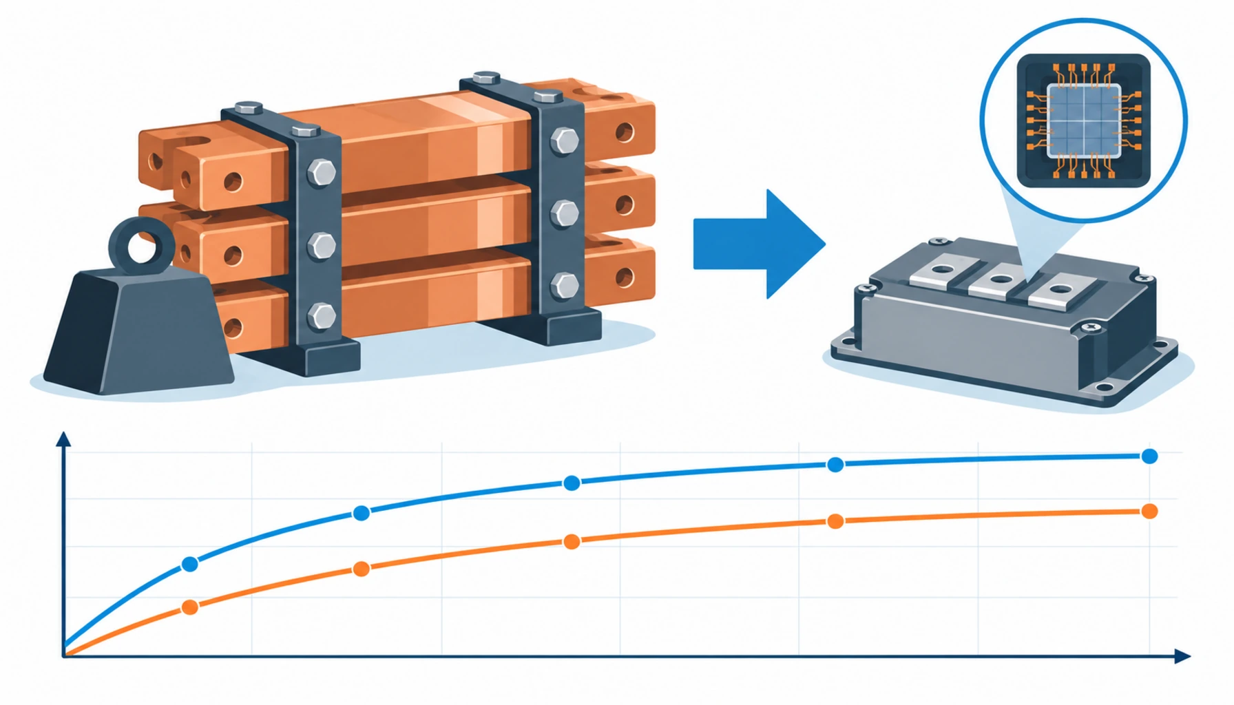 Flat infographic showing the shift of value from copper busbar to power semiconductors in rack power conversion