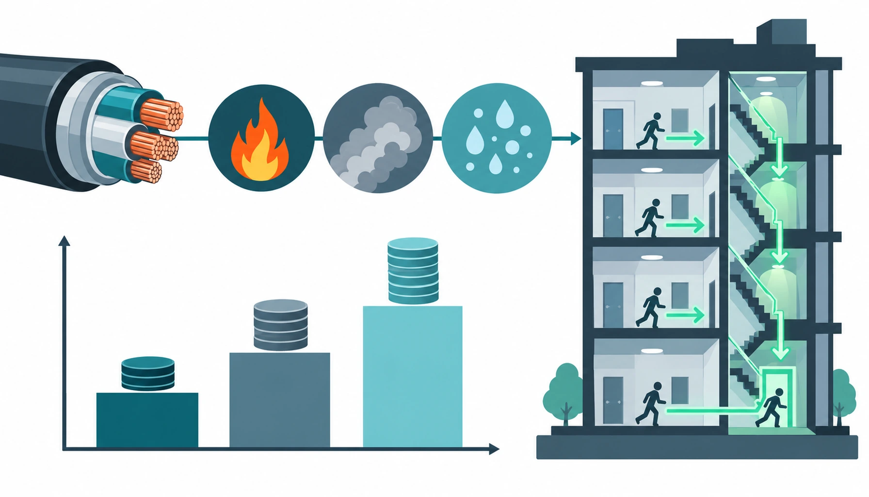 Flat infographic of the CPR class string broken into three parts, with a cable cross-section, a smoke density icon and a droplet icon beneath a building section showing escape routes