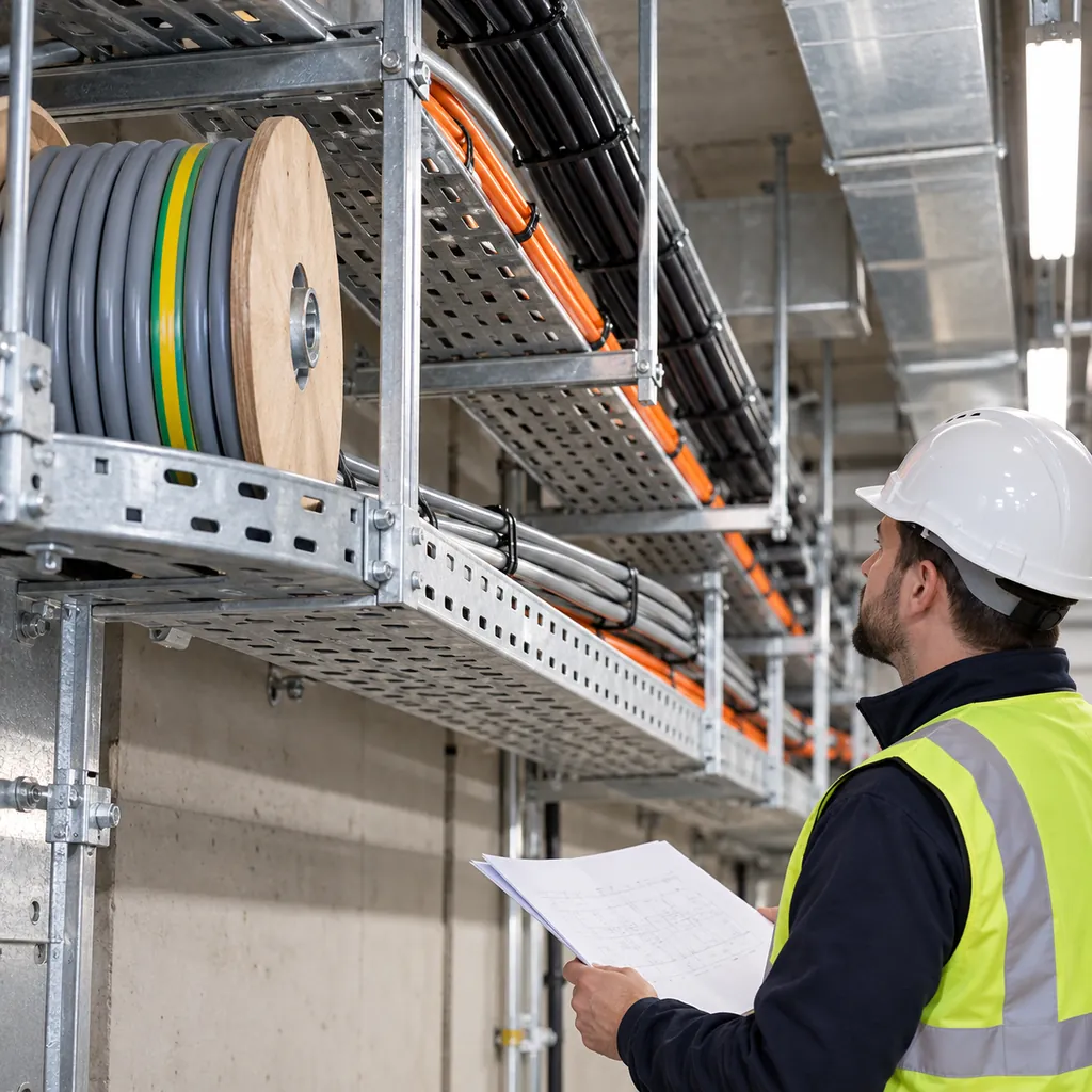 A building services duct with several cable constructions in trays, one drum end showing a printed sheath with a small classification strip, a technician holding a document beside the tray, clean industrial lighting, no readable text, no labels