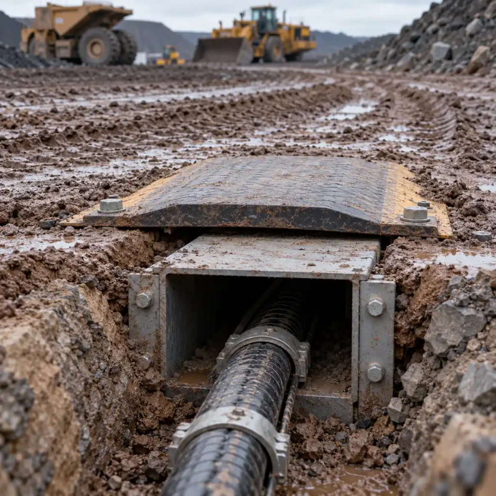 An armoured cable running through a steel duct across a haul road with tyre tracks in the mud above and a protective saddle at the crossing, plant blurred behind, no readable text, no labels