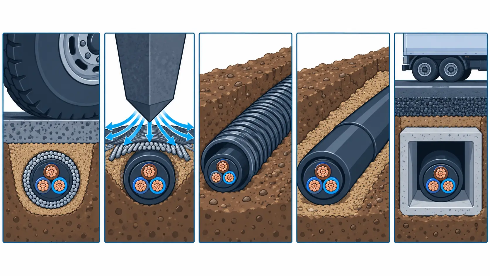 Flat infographic of crush protection structures: steel tape armour, steel wire armour, interlocked conduit, a heavy sheath with bedding, and a duct carrying the wheel load