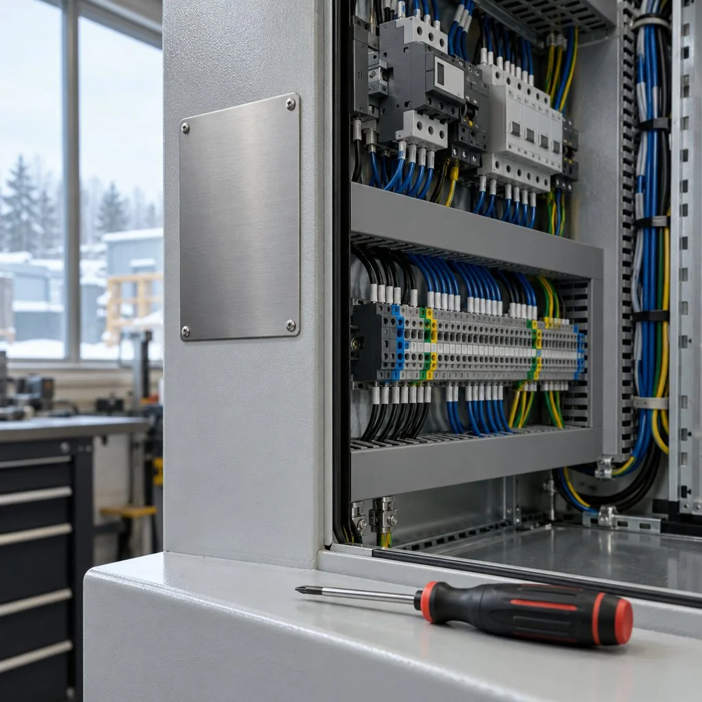 An electrical inspector examining the marking on a cable jacket inside a machine control panel, a Canadian approval label visible on the enclosure