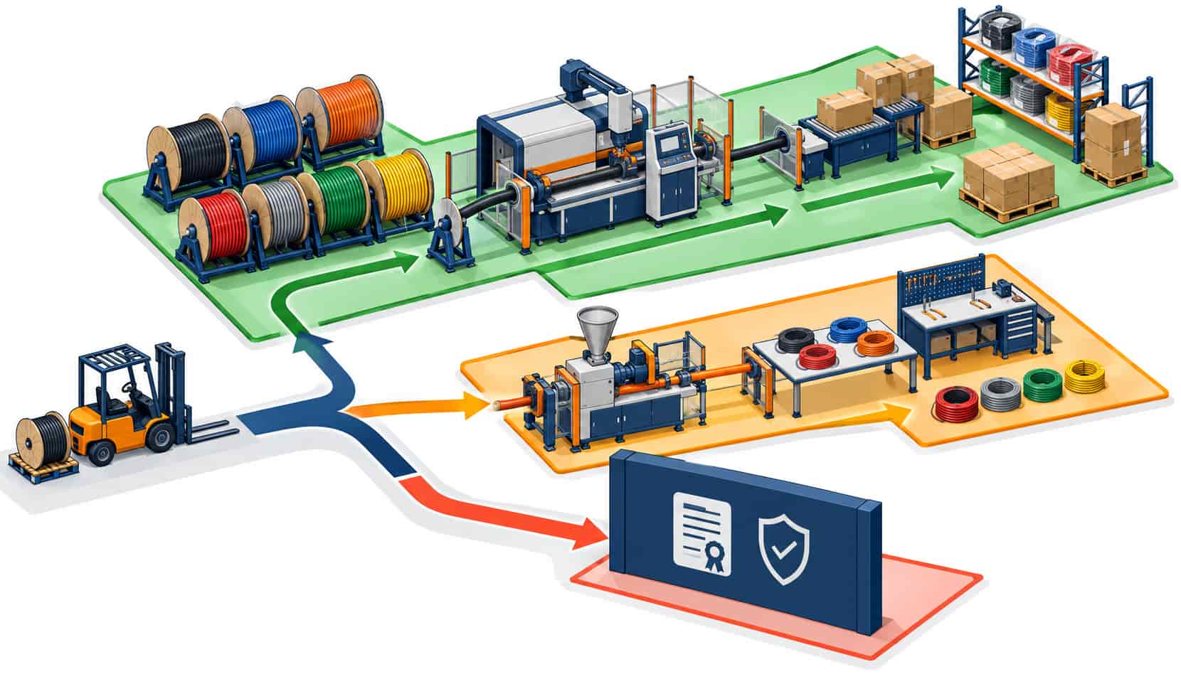 Isometric illustration of a customization map with green zones, amber zones and hard walls of a cable factory