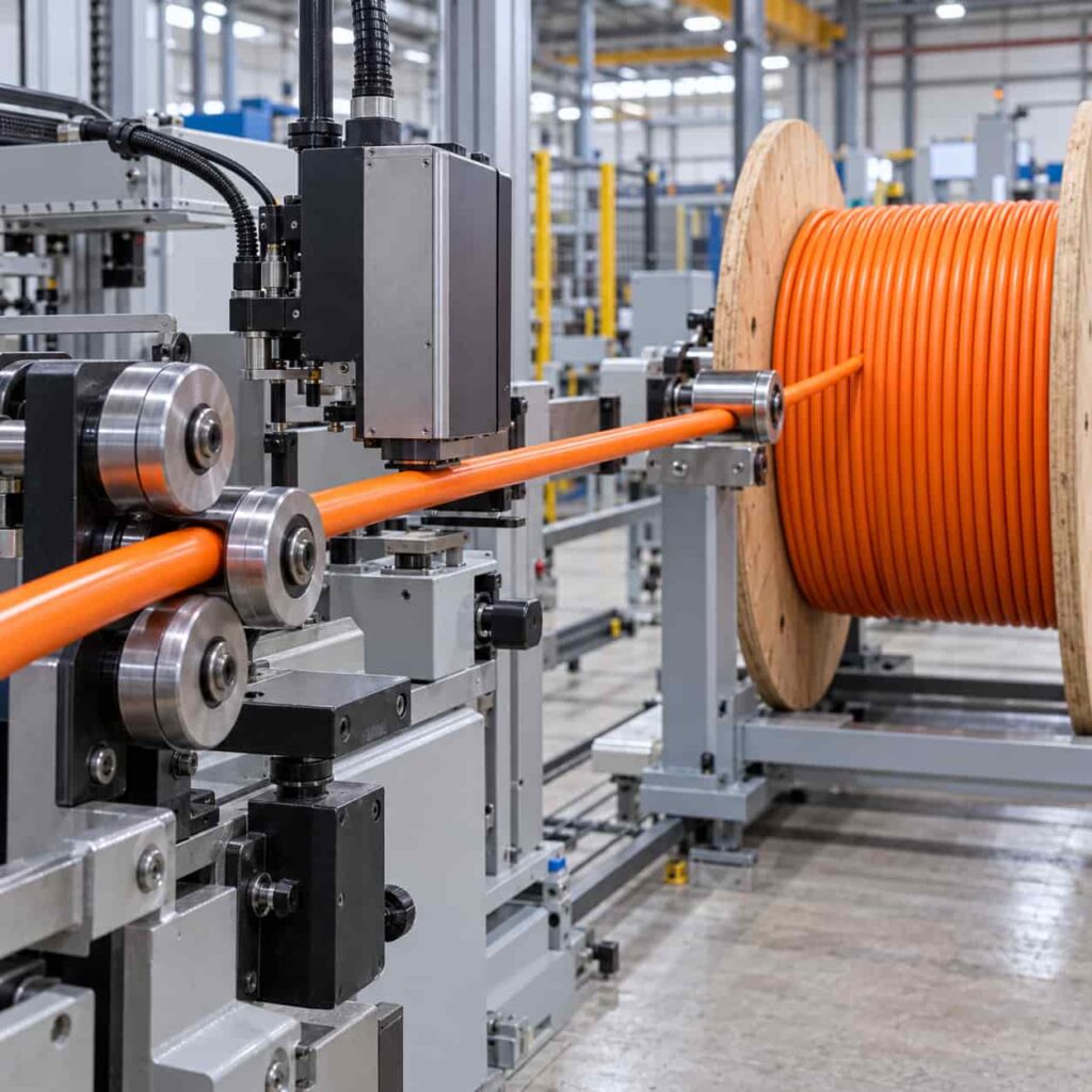 Custom cable production line with color-coded jacketed cable being printed and coiled to order specifications