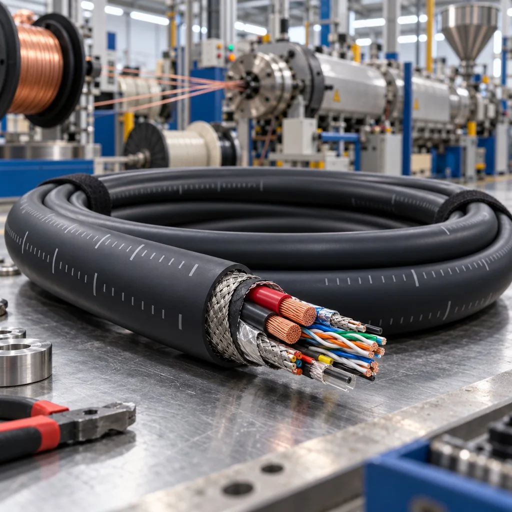 A custom motion cable with hybrid cores and printed jacket marking coiled beside cable manufacturing equipment