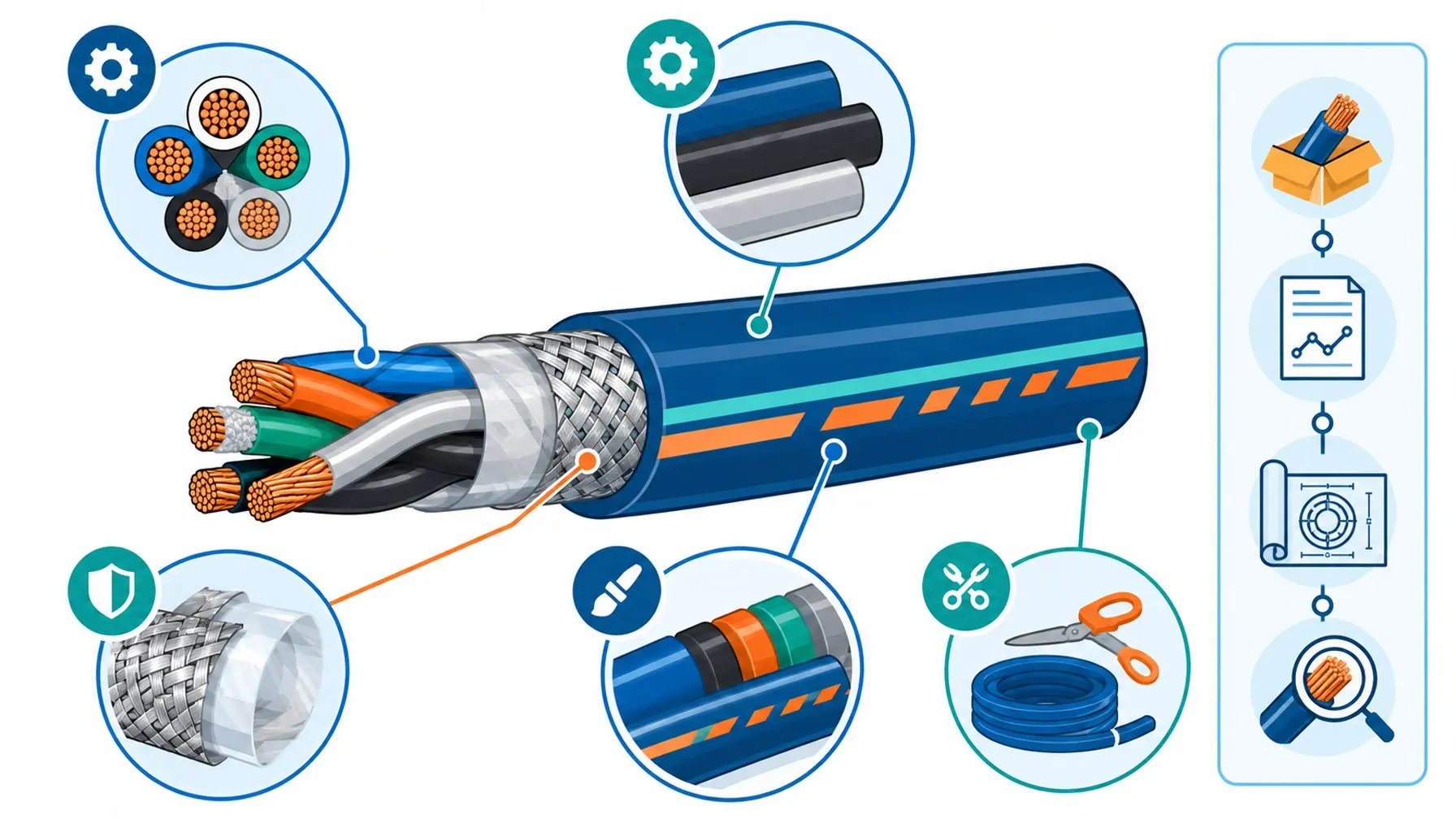 Flat infographic of a cable with customization callouts for cores, jacket, shield, marking and length
