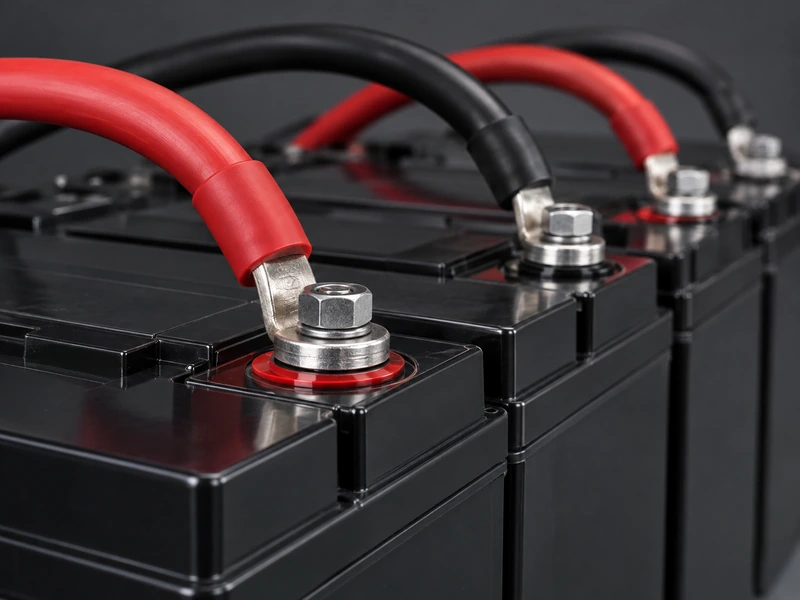Flexible fine-stranded battery cables with tinned copper lugs bolted to a row of UPS battery terminals