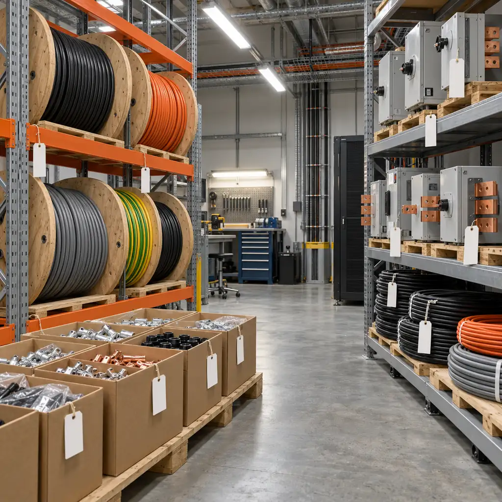 A data center spares store room with cable drums on racks, labelled termination kits, busbar tap-off units and coiled cable lengths organised on shelving beside a maintenance area
