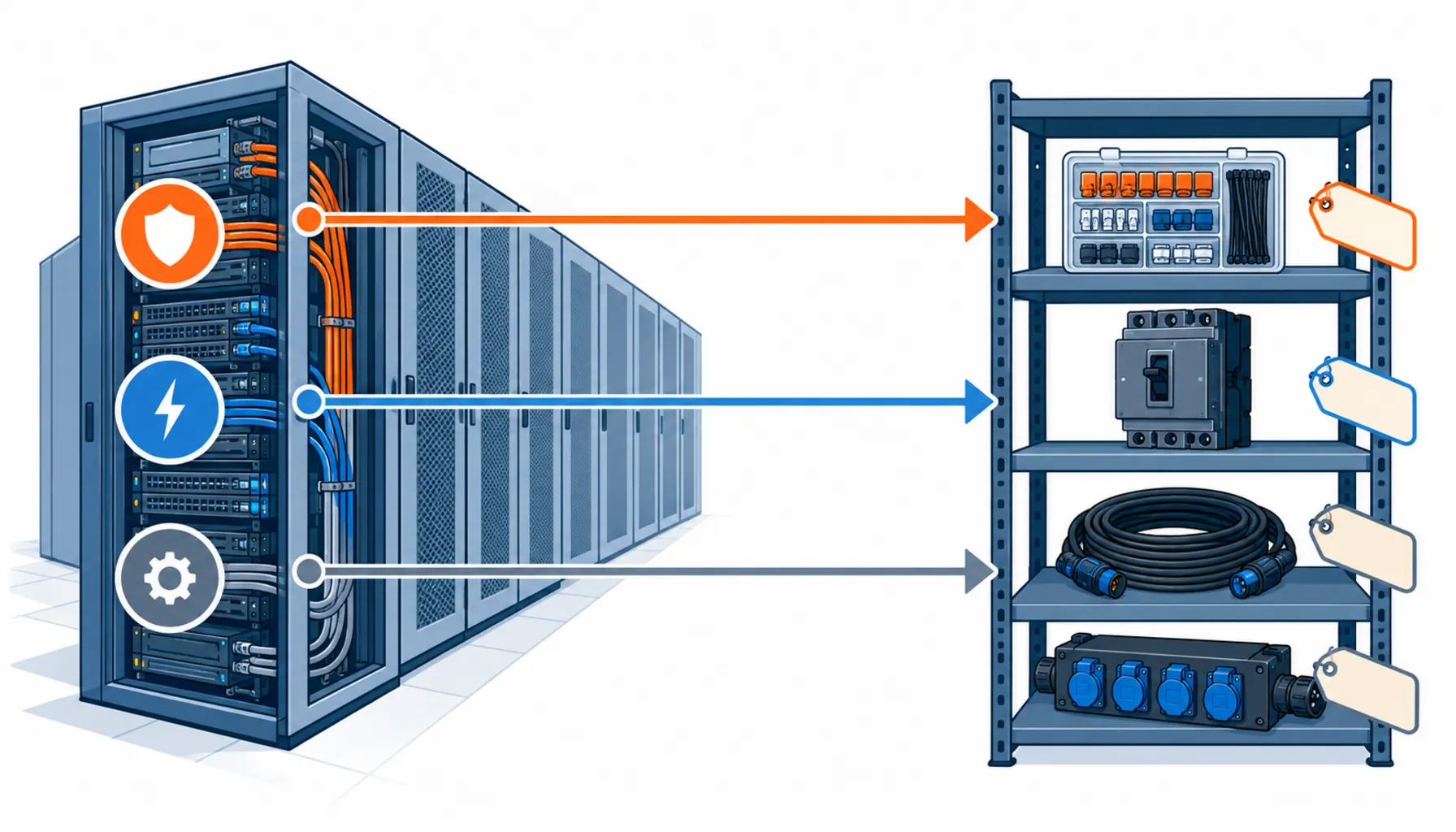 Flat infographic comparing five cable spares strategies for a data center: no stock, critical items only, short cable coils per type, pre-terminated assemblies and consignment stock