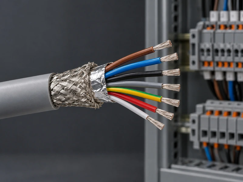 Shielded multicore control cable end with braided screen folded back and colour-coded cores exposed