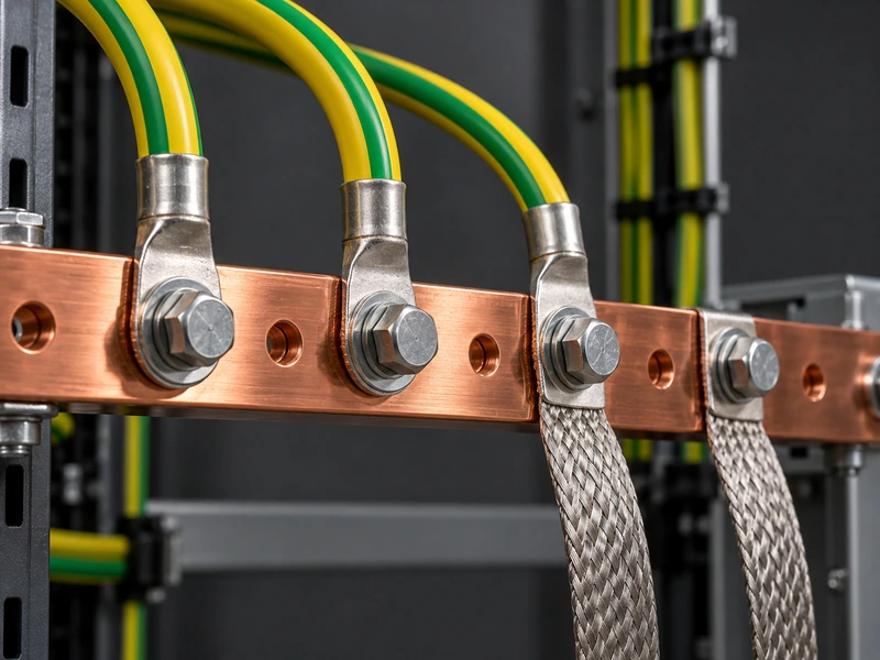 Green and yellow earthing cables and tinned copper flat braid bolted onto a polished copper ground busbar