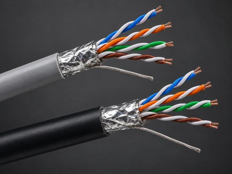 Shielded twisted pair fire alarm data cable stripped to show pairs, foil screen and drain wire