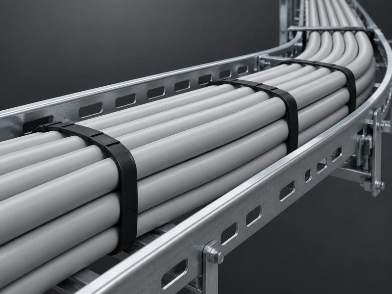 Light grey low smoke zero halogen sheathed power cables arranged in a galvanized steel cable tray