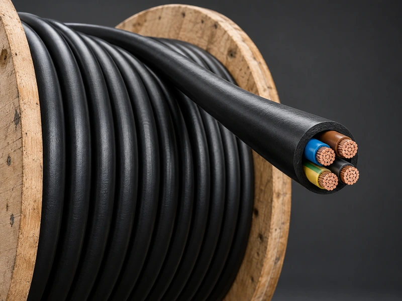 Multicore low voltage XLPE power cable uncoiled from a wooden drum with copper cores visible at the cut end