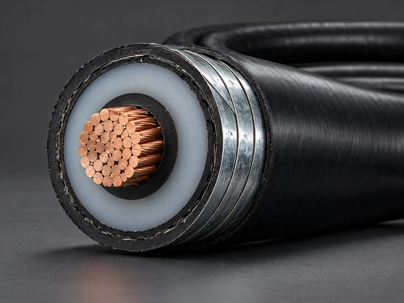 Medium voltage XLPE armoured power cable cut to show copper conductor, semiconductive screen and steel tape armour