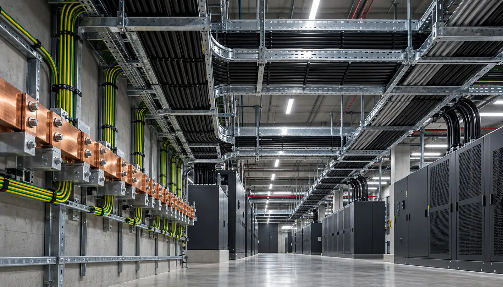 Data center electrical plant room with cable ladders carrying parallel power cable runs and a copper earth busbar