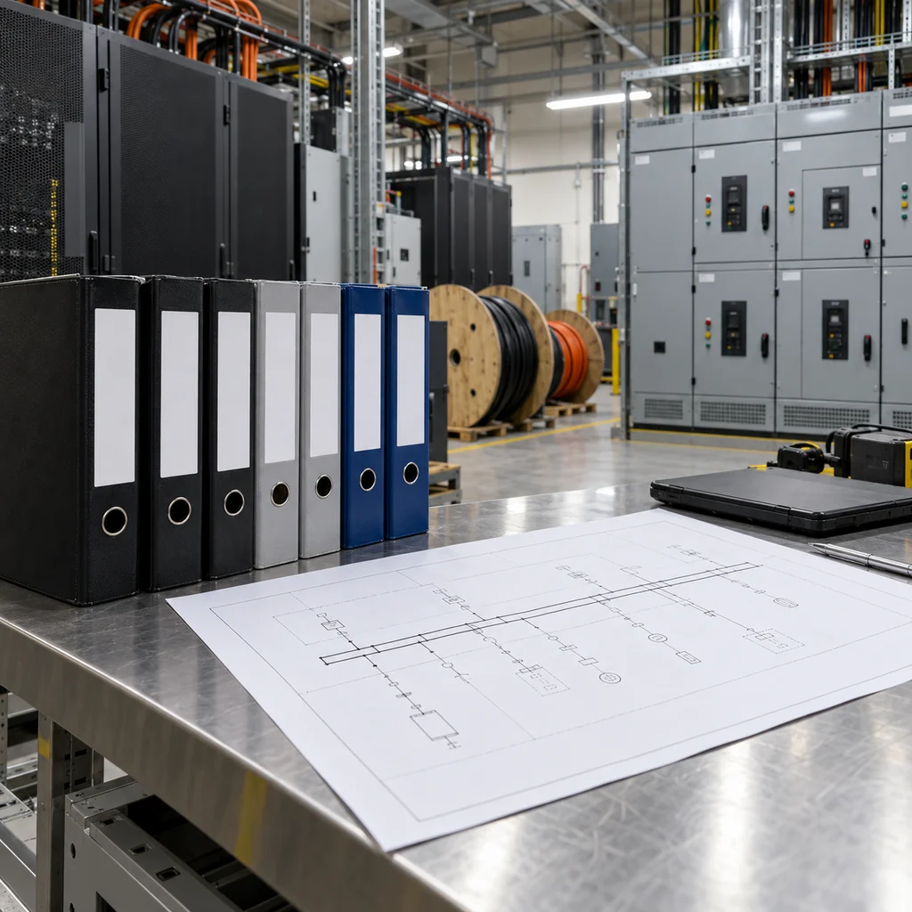 A data center electrical room with a rack of ring binders of standards and test certificates on a steel bench, cable drums and switchgear in the background, a technical drawing with a single line diagram on the table, industrial lighting, no readable text, no labels