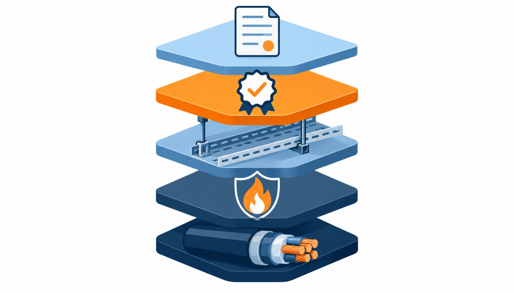 Flat infographic showing five layers of power equipment standards stacked for a data center project: construction, fire performance, installation and system, market access and owner requirements