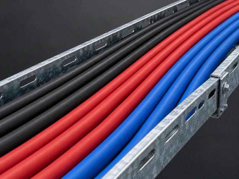 Single-core XLPE building wires in black, red and blue laid in a galvanized steel cable tray