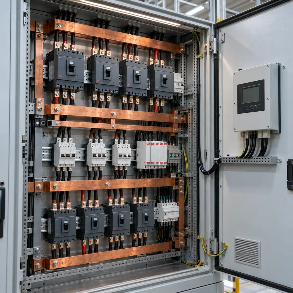 DC rated circuit breakers and protection devices mounted in a 800V DC distribution cabinet for a high density data center